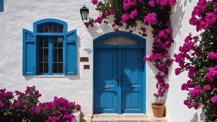 Fototapeta na wymiar Antique wooden door of blue color in background or white wall with pots and blooming bougainvillea. Andalucia.