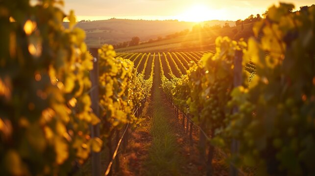 Sunset over a vineyard, rows of grapevines glowing in the warm light, a picturesque scene of agricultural beauty