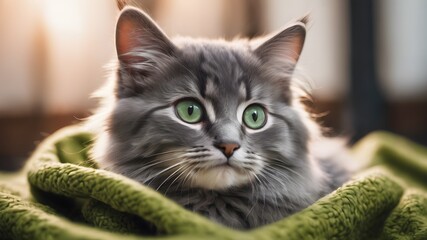 Naklejka na ściany i meble portrait of a fluffy grey cat resting on the green blanket 