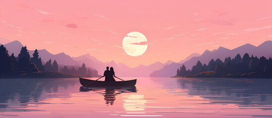 couple in a canoe on the river silent romance on tranquil sunset pond kayaking. - obrazy, fototapety, plakaty