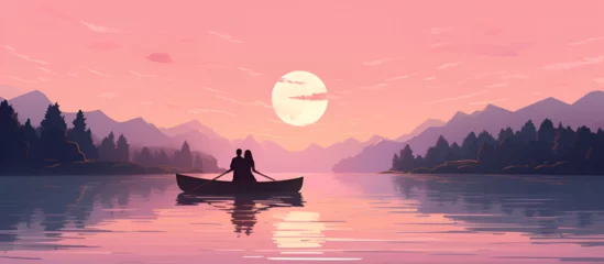 Fotobehang couple in a canoe on the river silent romance on tranquil sunset pond kayaking. © hamzarao