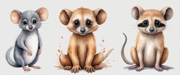 Obraz premium Watercolor Clip Art of Cute Animals Featuring a Suricate, Rat, and Chihuahua Puppy
