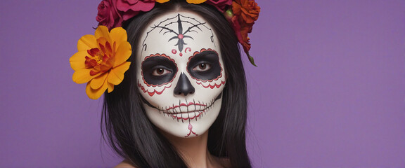 Celebrating Day of the Dead: A colorful illustration of Catrina with a vibrant violet background