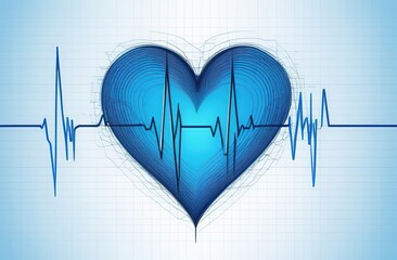 Blue heart and pulse one line hand drawn, cardiogram sign, electrocardiogram heartbeat - stock vecto