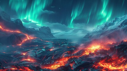 Surreal volcanic landscape under the Northern Lights, auroras weaving over a field of lava rock, combining fire and ice  - obrazy, fototapety, plakaty
