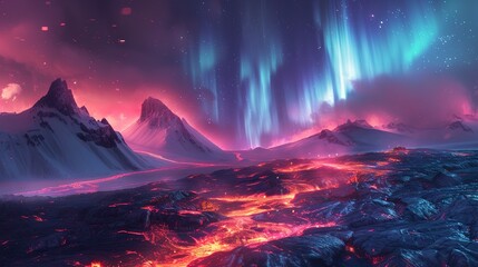Surreal volcanic landscape under the Northern Lights, auroras weaving over a field of lava rock, combining fire and ice - obrazy, fototapety, plakaty
