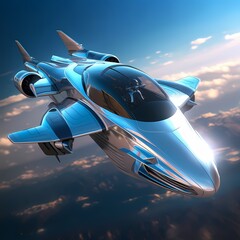 Futuristic Blue and Silver Jet Aircraft Soaring the Cloudy Skies