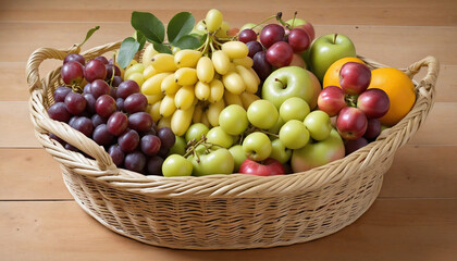 "A bountiful wicker basket overflowing with an assortment of fresh and ripe fruits perfect for a sunny picnic in the garden "