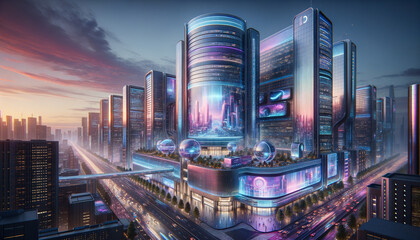Y2K-inspired Megacorporation: Tranquil Dusk Cityscape