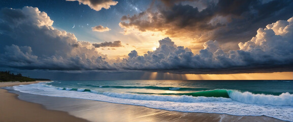 Dramatic sunset sky with storm clouds over the tropical beach