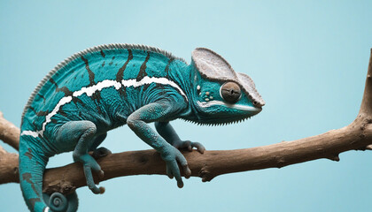 A cute blue chameleon with spots sits on a branch, close-up