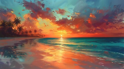 Tropical paradise at sunset, vibrant colors in the sky, palm trees swaying, clear turquoise water, and white sandy beach  - obrazy, fototapety, plakaty
