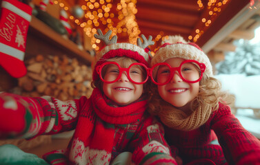 Two goofy children wearing large red Christmas glasses The reindeer antiers laughed heartily as they took a selfie in an amazing daytime setting that was set up at a modern house with a Christmas tree