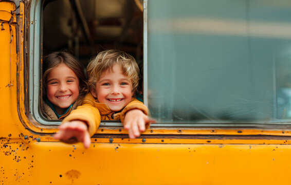 Two children are shaking hands with their parent and peering out the window of the school bus.