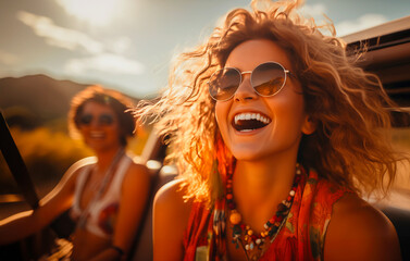 Enjoyable friends wearing sunglasses enjoy a radiating happiness and friendship in a convertible traveling along a beautiful route, picking up moments
