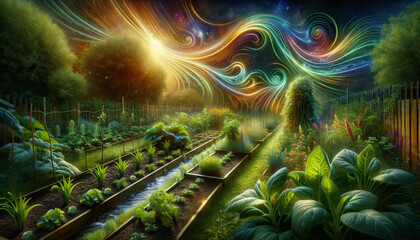 Vibrant Permaculture Garden with Surreal Psychic Waves