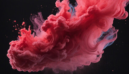 Fiery crimson cloud burst, vibrant hue explosion, swirling ink dance, vivid liquid dye dispersion, computer-generated artwork