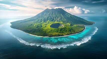 Volcanic island rising from the sea, its crater a dark contrast against the vibrant forest and sandy beaches that encircle it  - obrazy, fototapety, plakaty