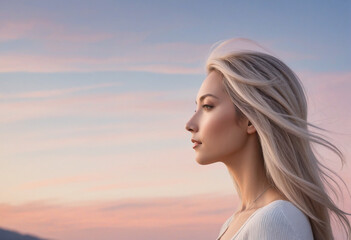 Fototapeta premium Tranquil portrait of woman with long hair against soft pastel backdrop