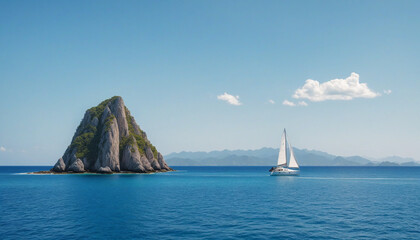 Fototapeta premium Ocean Sailboat with Rocky Island Background