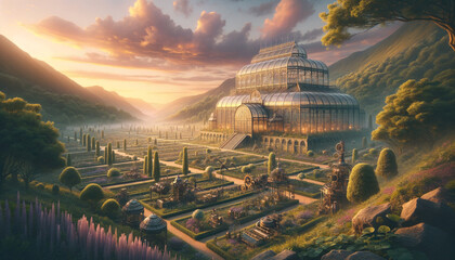 Steampunk glasshouse in lush valley at sunset.