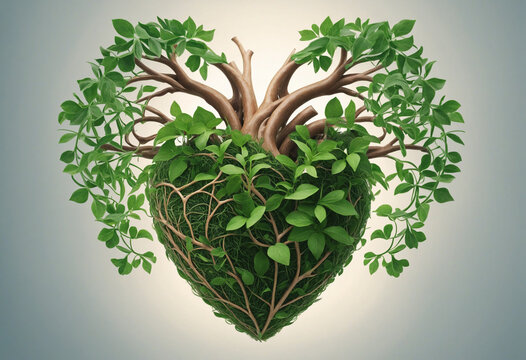 Nature-inspired depiction of a human heart composed of plant and tree elements