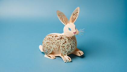 Decorative Easter bunny cut out of paper on a blue background
