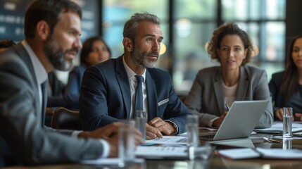 Fototapeta premium A diverse group of professionals engaged in a meeting. Executives in formal attire discussing charts and graphs, with laptops and notepads on a conference table.
