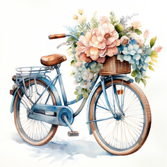 Fototapeta na wymiar Watercolor Dutch Blue Bicycle with a Front Basket Full of Flowers on White Background