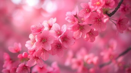 Close-up of cherry blossoms against a backdrop of a vibrant pink canopy, celebrating spring.