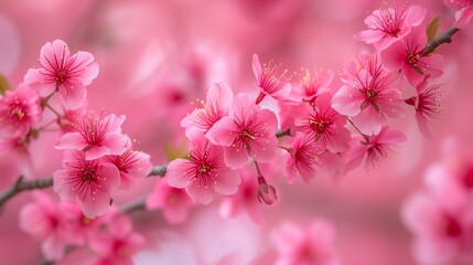 Close-up of cherry blossoms against a backdrop of a vibrant pink canopy, celebrating spring.