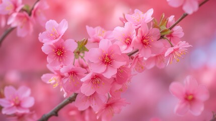 Close-up of cherry blossoms against a backdrop of a vibrant pink canopy, celebrating spring.
