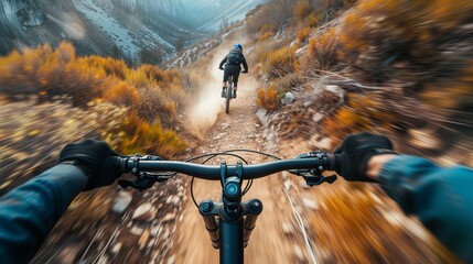 Mountain biker navigating a challenging trail, with dirt and rocks flying, capturing the thrill of the ride. - obrazy, fototapety, plakaty