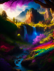 Fantasy Landscape Wallpaper and Background with Mountains, Waterfalls, Trees, Flowers. Fantastic Pattern Design for Cell Phone, Smartphone, Computer, Tablet and Wall Art for Home Decor