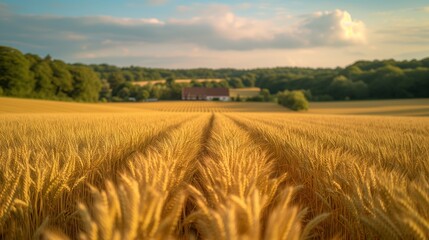 Golden fields of wheat ready for harvest with a traditional farm in the background.