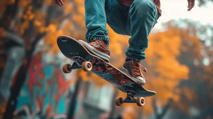 Foto op Plexiglas Close-up skateboarder mid-air performing an acrobatic trick against a vivid urban backdrop. © Sutee