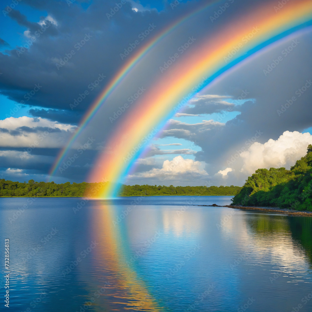 Poster a magical and serene scene of reflection and refraction, creating a vibrant display of beauty.