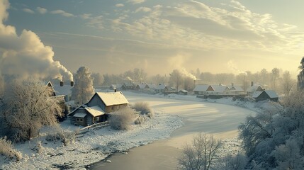 Winter in the rural countryside, a blanket of snow covering peaceful hamlets and frozen ponds, smoke rising from chimneys 
