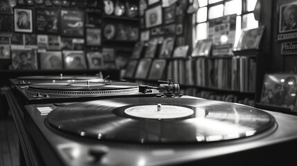 Close-up of vinyl records, turntables, and vintage music memorabilia in a retro record store, black and white.
