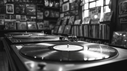 Rolgordijnen Close-up of vinyl records, turntables, and vintage music memorabilia in a retro record store, black and white. © STKS