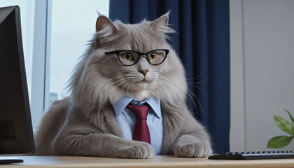Feline in spectacles looking professional at computer