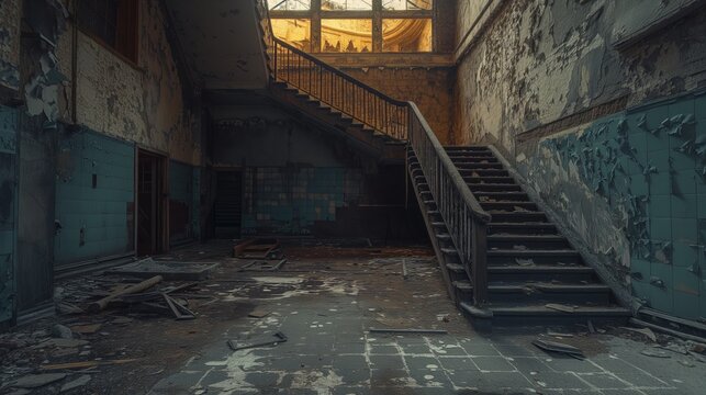 Interior shot of an abandoned building with dramatic lighting, capturing the eerie and haunting atmosphere.