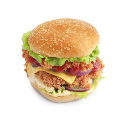 Delicious burger with crispy chicken patty isolated on white