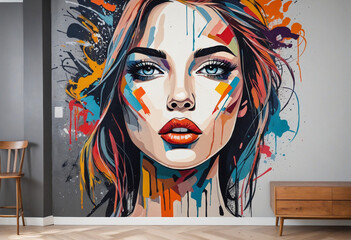 Abstract and striking mural of a feminine face with artistic elements