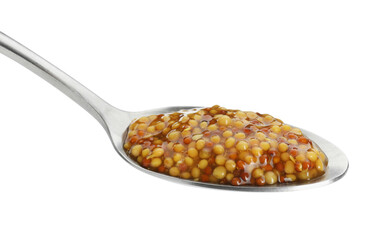 Spoon with fresh whole grain mustard isolated on white