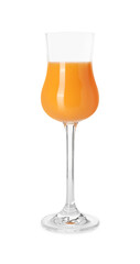 Glass with tasty tangerine liqueur isolated on white