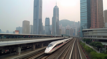 A high-resolution photo of a sleek and modern high-speed train speeding through a beautiful landscape.