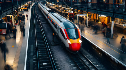 A photo of a high-speed train at a station, with passengers boarding and disembarking.