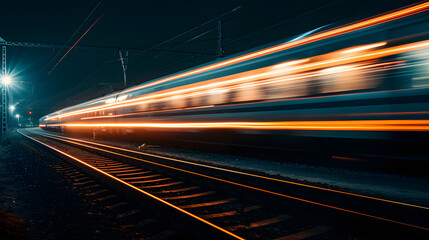 Fototapeta na wymiar A photo of a high-speed train at night, with the train's lights illuminating the darkness.