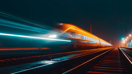 A photo of a high-speed train at night, with the train's lights illuminating the darkness. - obrazy, fototapety, plakaty